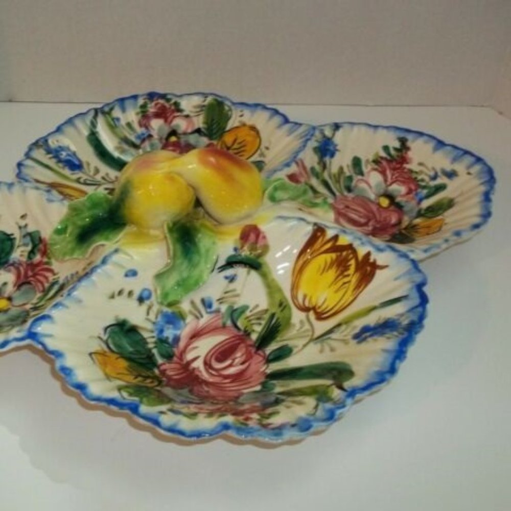 VINTAGE - 1930'S - Italian Faïence Nove Rose and Fruit Relish Tray Server